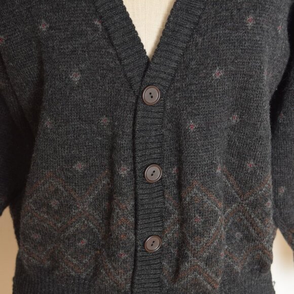vintage 80s merino wool cardigan sweater jumper grandpa boyfriend charcoal M L - Picture 3 of 10
